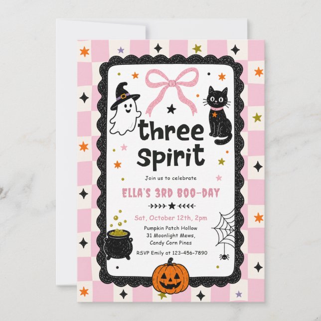 Invitación Fiesta de cumpleaños de Halloween Gingham Three o  (Anverso)