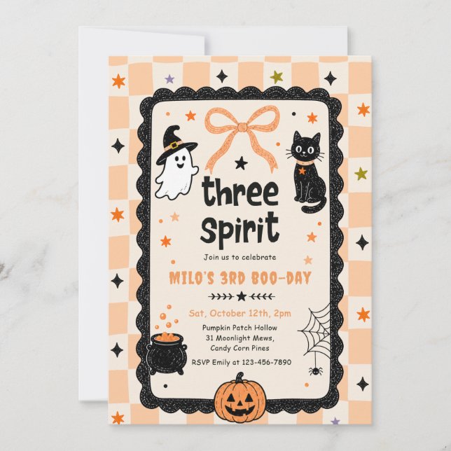 Invitación Fiesta de cumpleaños de Halloween Gingham Three o  (Anverso)