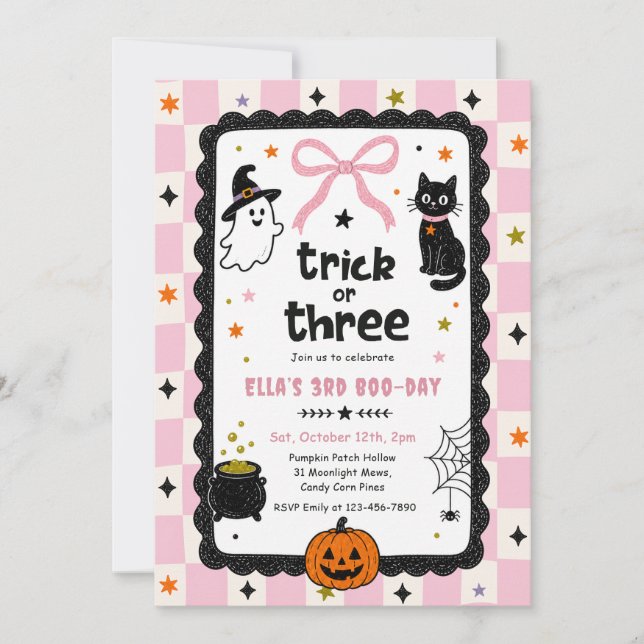 Invitación Fiesta de cumpleaños de Halloween Gingham Trick Or (Anverso)