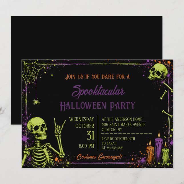 Invitación Fiesta de cumpleaños de Halloween gótico esqueleto (Anverso / Reverso)