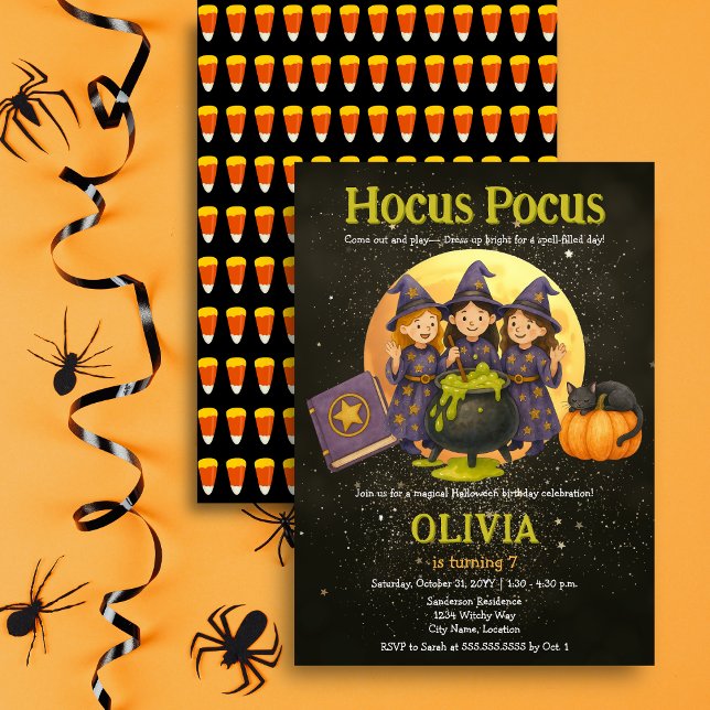 Invitación Fiesta de Cumpleaños de Halloween Hocus Pocus (Hocus Pocus three little witches Halloween birthday party invitation in situ.)