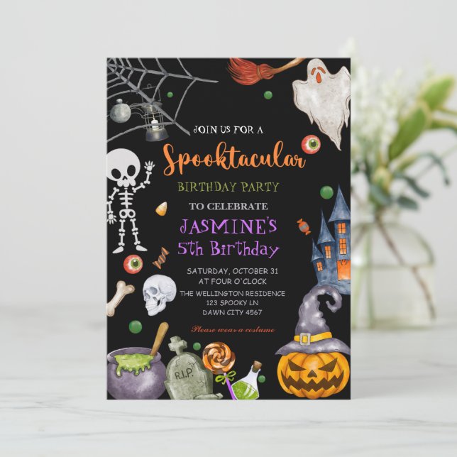 Invitación Fiesta de cumpleaños de Halloween naranja negra es (Anverso de pie)
