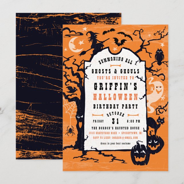 Invitación Fiesta de cumpleaños de Halloween o Fiesta de disf (Anverso / Reverso)