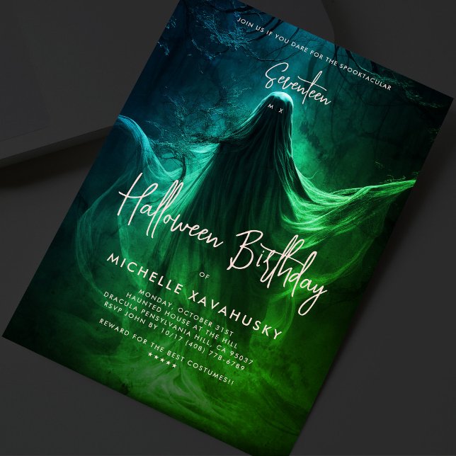 Invitación Fiesta de cumpleaños de Halloween para adultos Fan (Adult Halloween Birthday Party Ghost Green Invitation
)