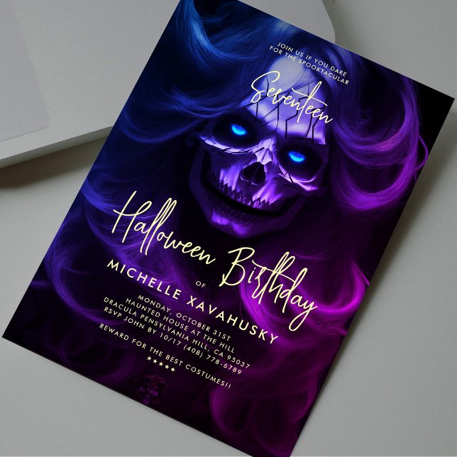 Invitación Fiesta de cumpleaños de Halloween para adultos Lad (Adult Halloween Birthday Party Lady Skull Modern Invitation
)