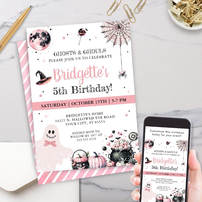 Invitación Fiesta de cumpleaños de Halloween para los niños f (Fun pink Halloween birthday party invitations for little girls any girl birthday party invite)