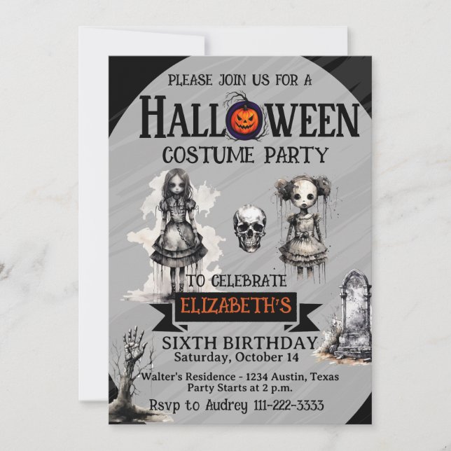 Invitación Fiesta de cumpleaños de Halloween para niñas de cu (Anverso)