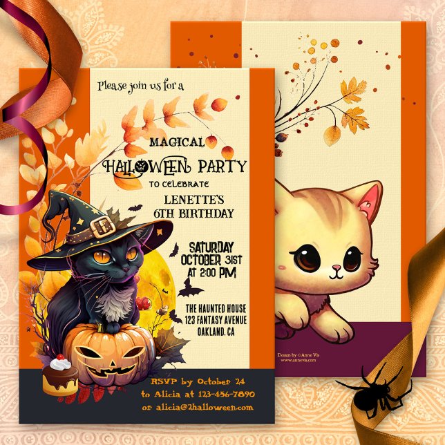 Invitación Fiesta de cumpleaños de Halloween para niños bruto (A cute child birthday Halloween party invitation showing a witch cat with magical pumpkin and treat)