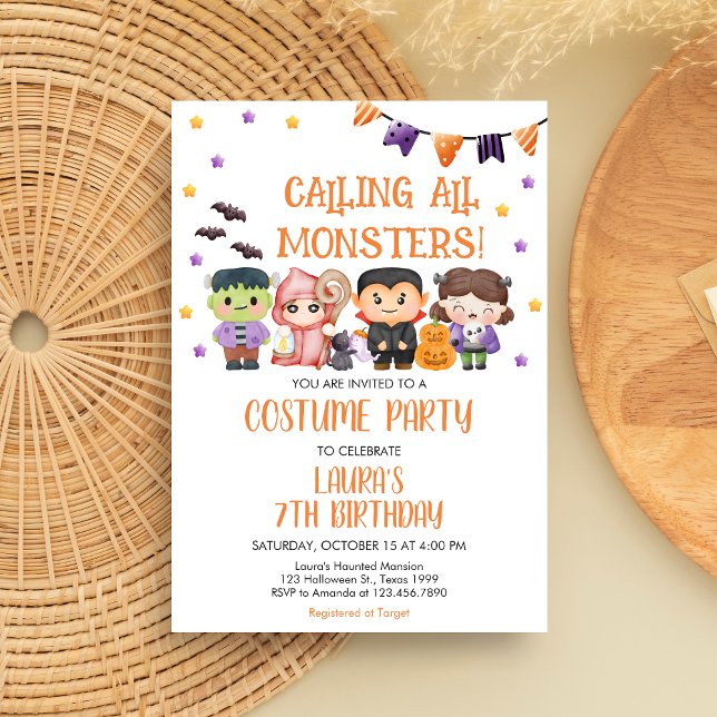 Invitación Fiesta de cumpleaños de Halloween para todos los m (Calling All Monsters Spooktacular Halloween Costume Birthday Party Invitation)