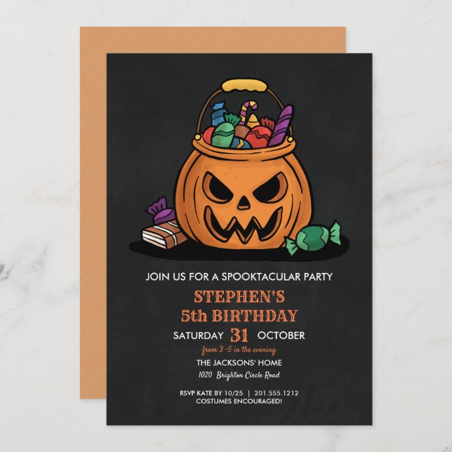 Invitación Fiesta de cumpleaños de Halloween Pumpkin Candy (Anverso / Reverso)