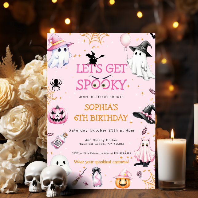 Invitación Fiesta de cumpleaños de Halloween rosa (Pink Halloween Girls Birthday Party Invitation
)