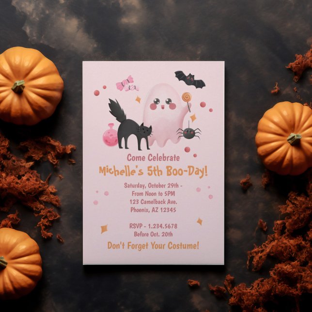 Invitación Fiesta de cumpleaños de Halloween Rosa (Cute Pink Halloween Birthday Party Invitation)