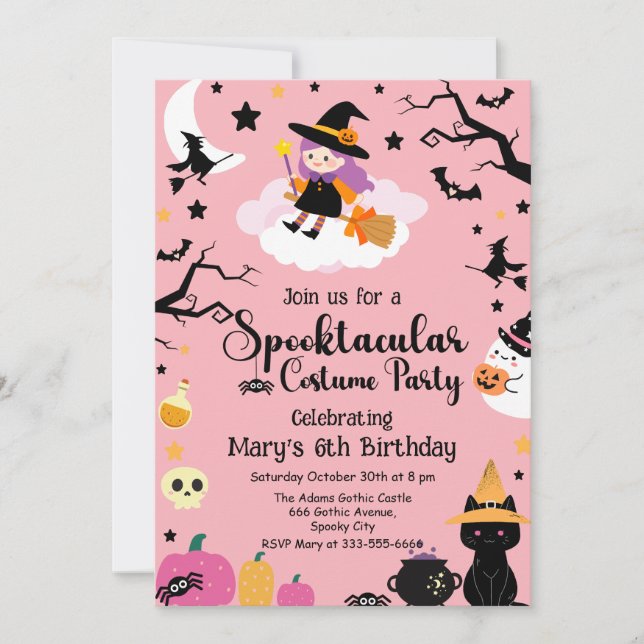 Invitación Fiesta de cumpleaños de Halloween rosa de bruja su (Anverso)