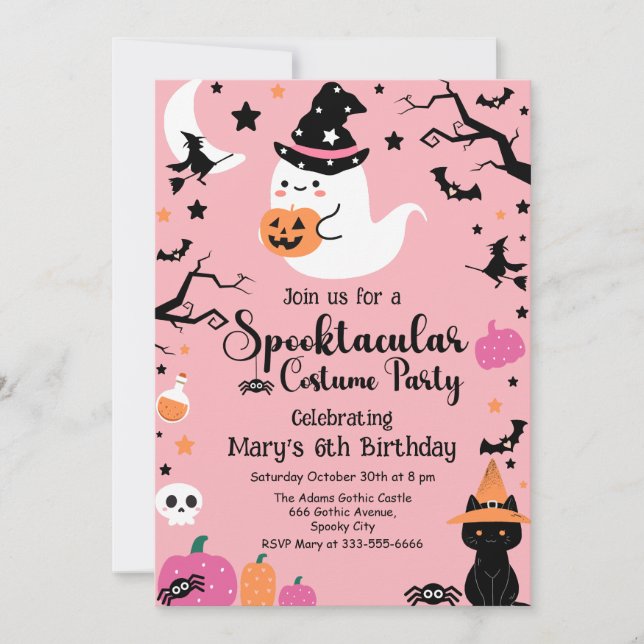 Invitación Fiesta de cumpleaños de Halloween rosa y fantasmal (Anverso)