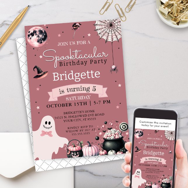 Invitación Fiesta de cumpleaños de Halloween rosa y Spooktacu (Unique pink girly spooktacular halloween birthday party invitation for any age ghost pumpkins party)