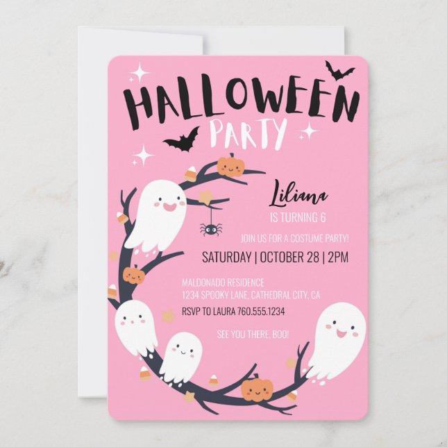 Invitación Fiesta de cumpleaños de Halloween Rosado (Anverso)