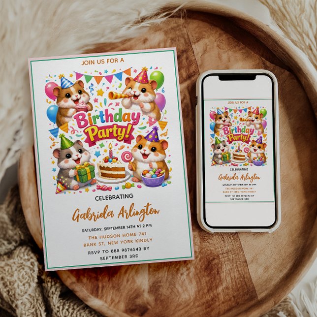 Invitación Fiesta de Cumpleaños de Hámster Adorable | Hámster (Cute Hamster Birthday Party | Kids Hamster Invitation
)