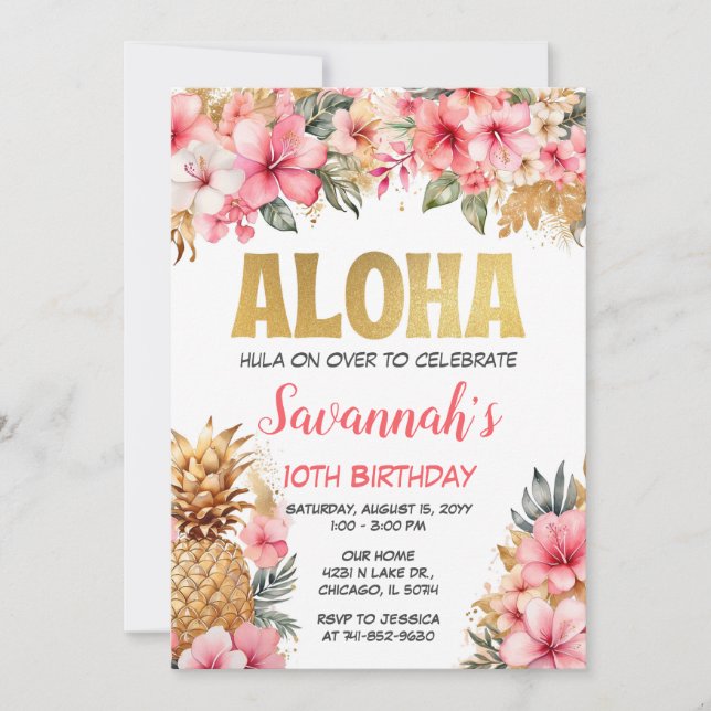 Invitación Fiesta de cumpleaños de Hawaii Aloha (Anverso)