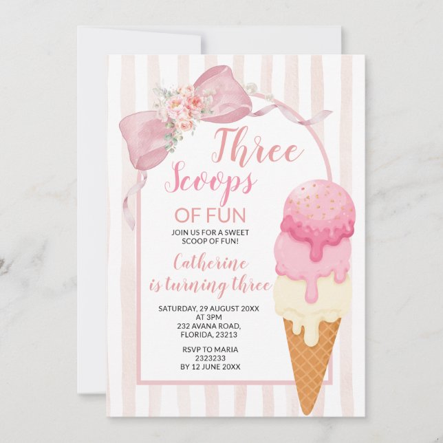 Invitación Fiesta de Cumpleaños de Helado 3er Cumpleaños Tres (Anverso)