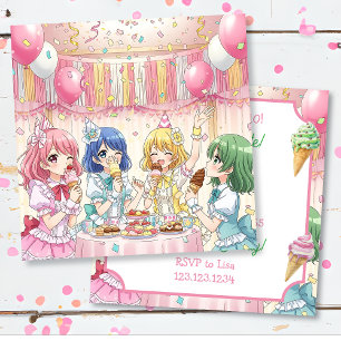 Invitación Fiesta de Cumpleaños de Helado de Chica Anime Ador