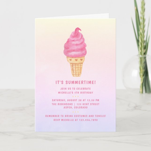 Invitación Fiesta de Cumpleaños de Helado Rosa (Anverso)