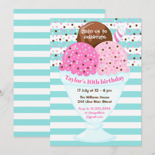 Invitación Fiesta de Cumpleaños de Helado Rosa y Turquesa