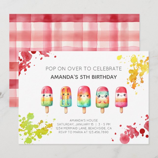 Invitación Fiesta de cumpleaños de helados de paleta de veran (Anverso / Reverso)