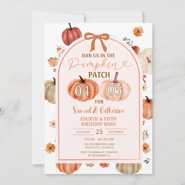 Invitación Fiesta de cumpleaños de hermanos en Pumpkin Patch  (Anverso)