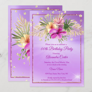 Invitación Fiesta de Cumpleaños de Hibisco Púrpura Dorado Flo