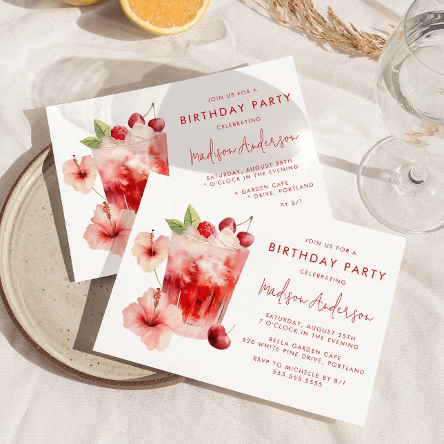 Invitación Fiesta de cumpleaños de Hibiscus Cherry Cocktail T (Subido por el creador)