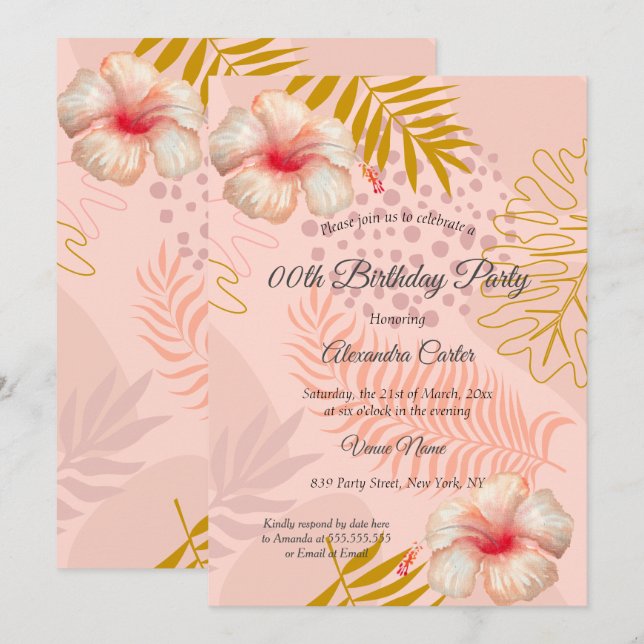 Invitación Fiesta de cumpleaños de Hibiscus Pink Tropic Flora (Anverso / Reverso)