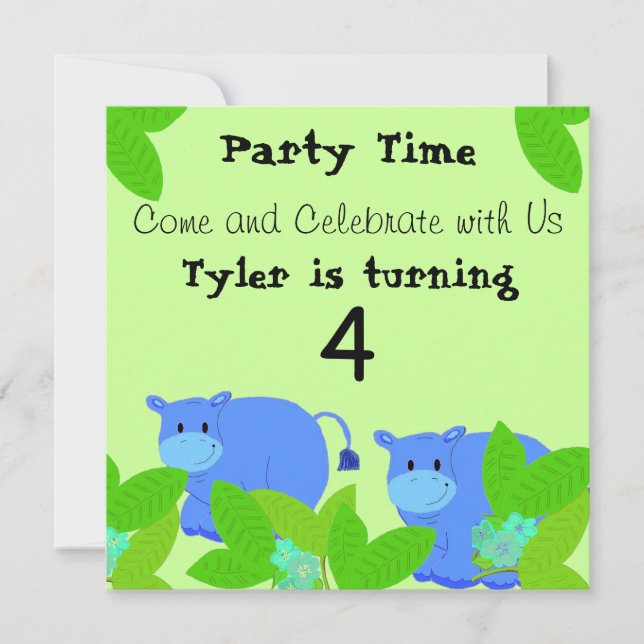 Invitación Fiesta de Cumpleaños de Hipopótamos Azules Felices (Anverso)