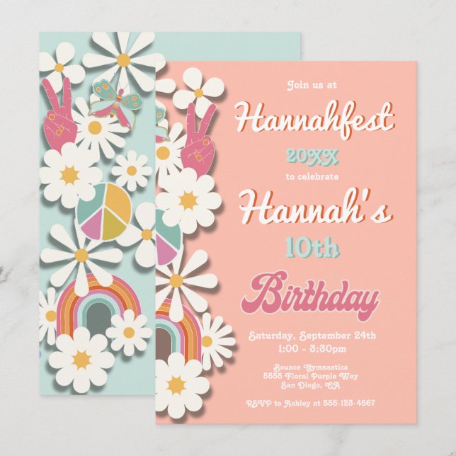 Invitación Fiesta de cumpleaños de Hippie Flower Power 70s de (Anverso / Reverso)