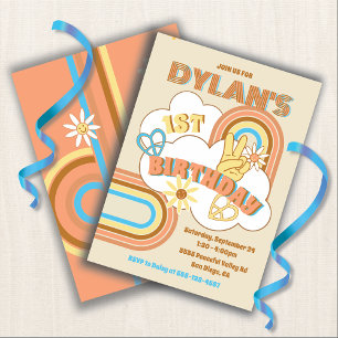 Invitación Fiesta de cumpleaños de Hippie Rainbow Boy retro