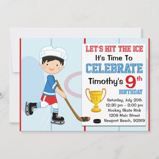 Invitación Fiesta de cumpleaños de hockey - pelo negro (Anverso)