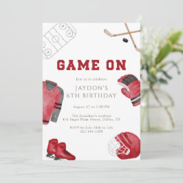Invitación Fiesta de Cumpleaños de Hockey Red Game On para Ni