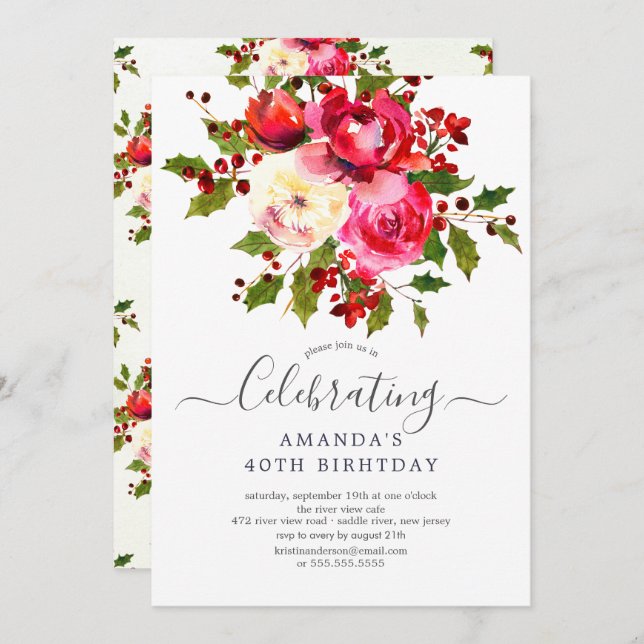 Invitación Fiesta de cumpleaños de Holly Floral (Anverso / Reverso)