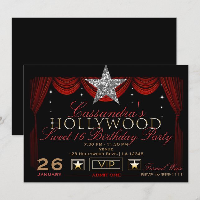 Invitación Fiesta de cumpleaños de Hollywood en oro plata neg (Anverso / Reverso)