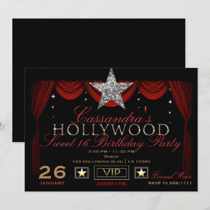 Invitación Fiesta de cumpleaños de Hollywood en oro plata neg