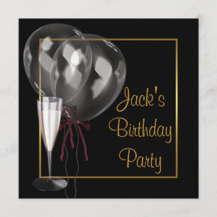 Invitación Fiesta de cumpleaños de hombre champán negro dorad