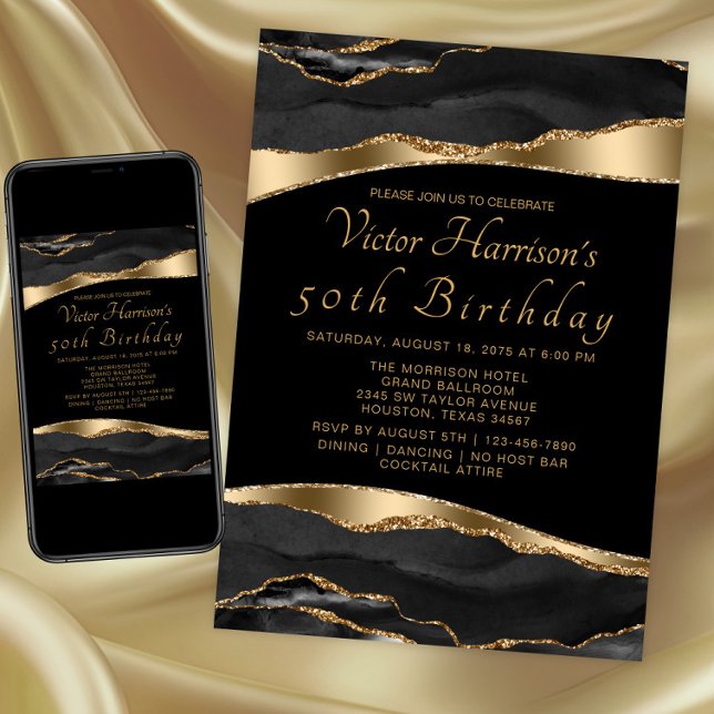 Invitación Fiesta de cumpleaños de hombre con ágata dorada y  (Black and gold any event invitation. Instant download and printed invitations available.)
