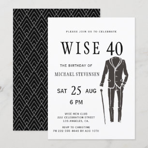 Invitación fiesta de cumpleaños de hombre en blanco y negro a