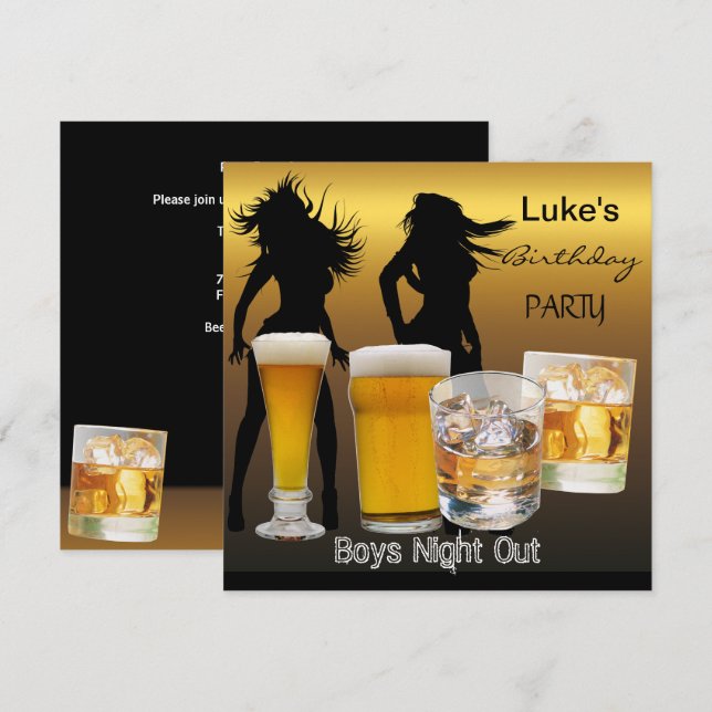Invitación Fiesta de Cumpleaños de Hombres Cerveza Noche de C (Anverso / Reverso)