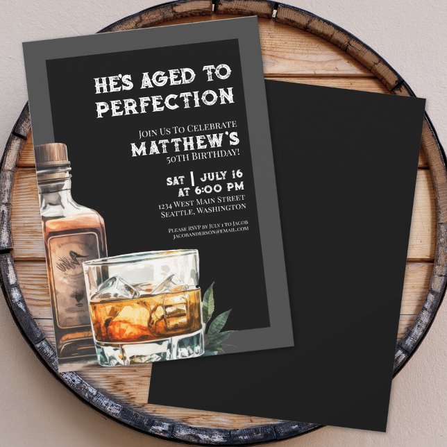 Invitación Fiesta de Cumpleaños de Hombres con Whisky Negro (Whiskey Men's Birthday Party Invitation)