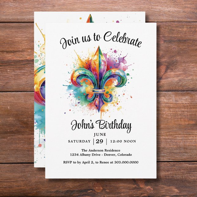 Invitación Fiesta de cumpleaños de hombres de Mardi Gras (Subido por el creador)
