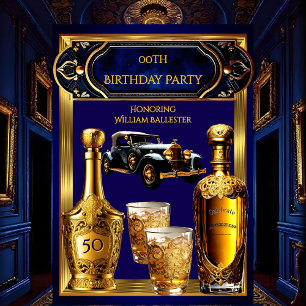 Invitación Fiesta de cumpleaños de hombres Dorado Azul Coche 