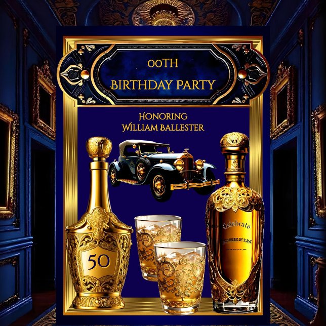 Invitación Fiesta de cumpleaños de hombres Dorado Azul Coche  (Subido por el creador)