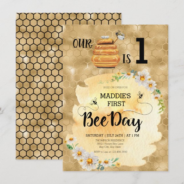 Invitación Fiesta de cumpleaños de Honey Bee (Anverso / Reverso)