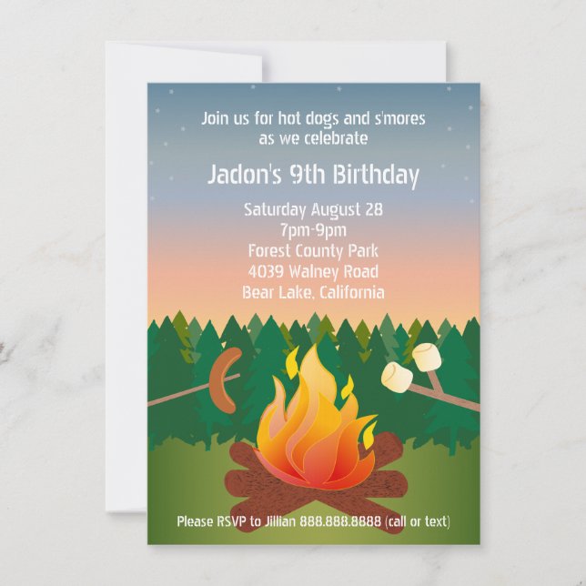 Invitación Fiesta de cumpleaños de Hot Dogs and Smores Campfi (Anverso)