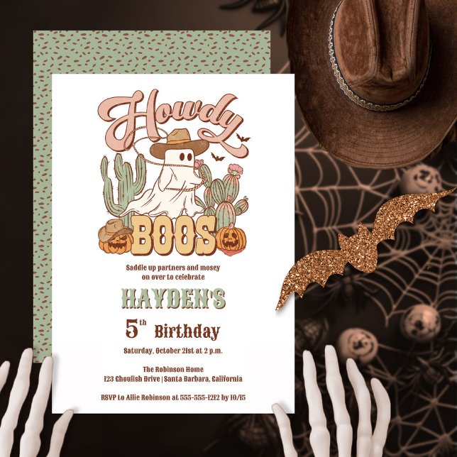 Invitación Fiesta de cumpleaños de Howdy Boos Ghost Halloween ("Howdy Boos" Halloween western-themed gender-neutral birthday party design)